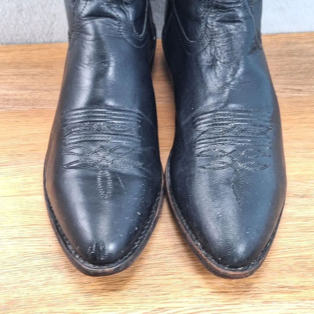 Jama Old West Men's 10D Slip-On Cowboy Boots Black Leather Embroidered Vintage